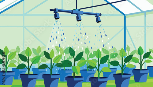 Modern greenhouse with automated watering system nurturing potted plants