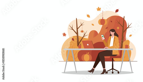 Professional woman uses smartphone and laptop for remote work in a warm autumnal natureinspired setting