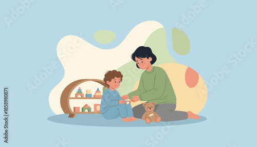Mom comforts child with bandaged knee near toys Parenting care and injury support illustration