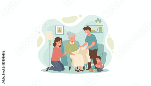 Caring family attends to elderly grandmother in the living room Multigenerational support concept