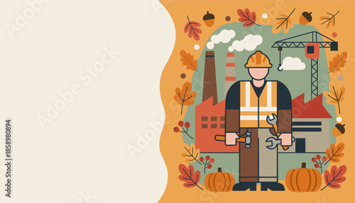 Industrial worker illustration in front of a factory framed by autumn leaves and pumpkins