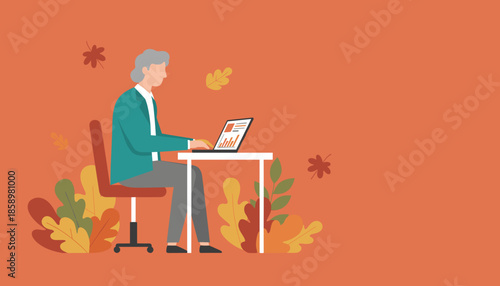 Active senior remote worker using laptop for data analysis in an autumnal setting