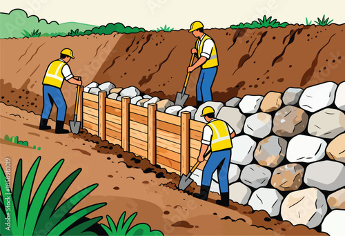 Workers construct a retaining wall by digging, placing rocks, and securing wooden planks