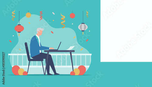 Senior man works remotely on a laptop during a festive celebration with Asian lanterns