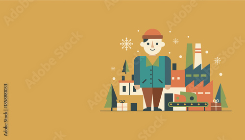 Smiling factory worker in winter clothes next to a manufacturing building and gift production line