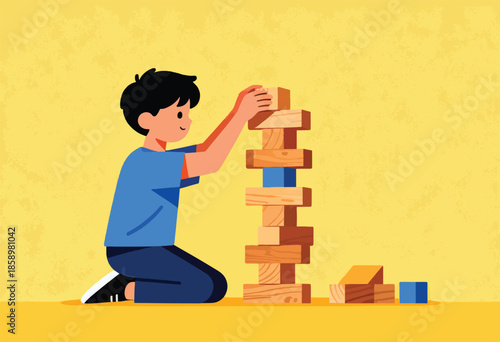 Boy building a tall tower with wooden blocks on a yellow textured background