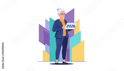 Professional senior business woman holding a sign showing the year 2026 Future planning concept illustration