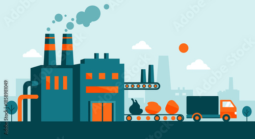 Factory building illustration showing production line conveyor belt transport smoking chimneys and logistics truck