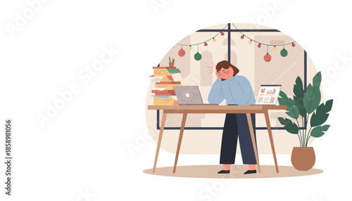 Stressed employee with headache and burnout working at a messy desk during the holidays