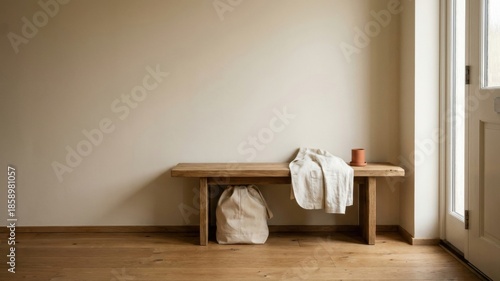 Rustic wooden bench with linen bag, shirt, and terracotta cup near entrance door