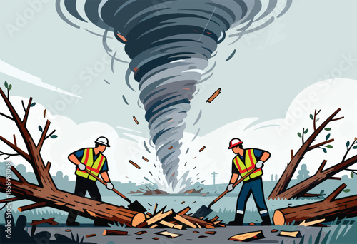 Workers clear debris amidst a powerful tornado