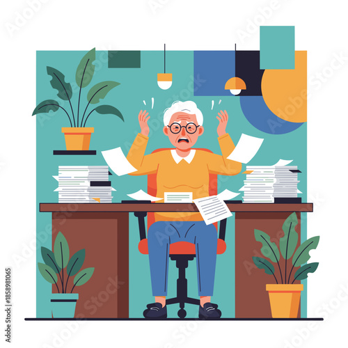 Overwhelmed senior employee panicking under immense work stress and chaotic paperwork deadlines