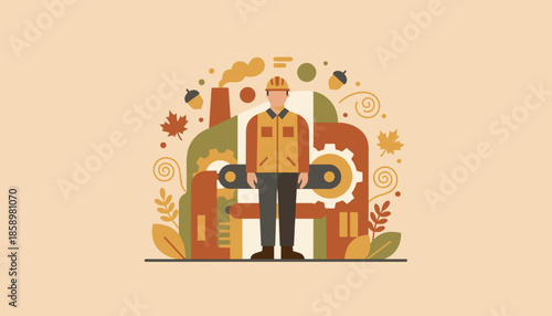 Professional industrial worker standing before stylized factory machinery and fall elements Manufacturing and skilled labor concept
