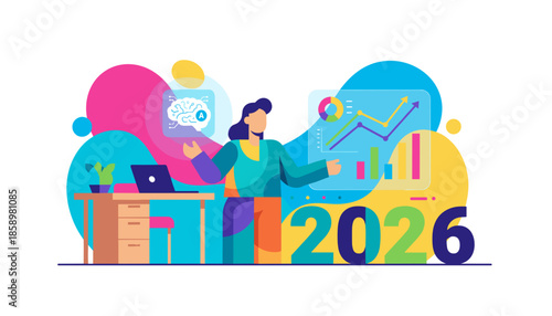 Businesswoman analyzing AI data and 2026 financial forecast Vector illustration