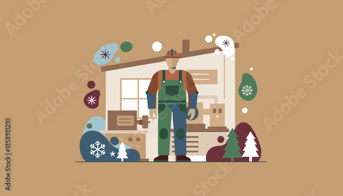 Flat design illustration of a worker outside a modern factory in a stylized winter landscape