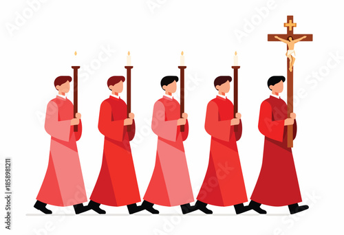 Five individuals in red robes processionally carry candles and a crucifix