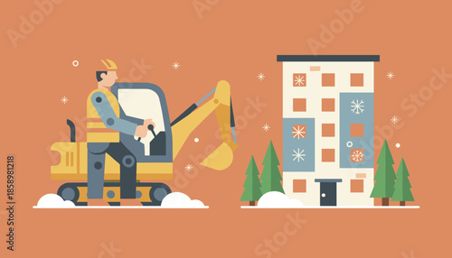 Construction worker operating an excavator near a city building in a winter setting