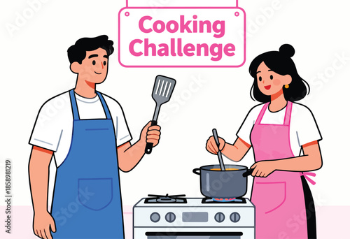 Cheerful people in aprons participate in a cooking challenge