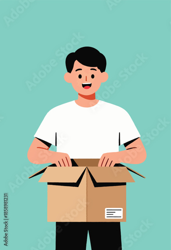 Cheerful person opens a cardboard box, with hands reaching into the top