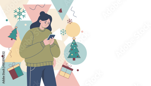 Sad woman checking phone during holidays Illustration of Christmas loneliness depression or seasonal anxiety