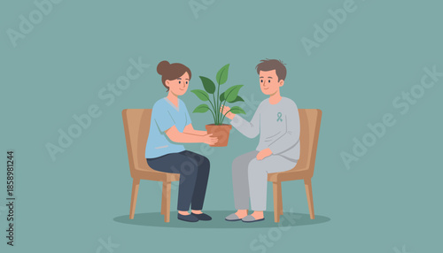 Nurse giving a plant to a male patient symbolizing therapeutic support hope and wellness