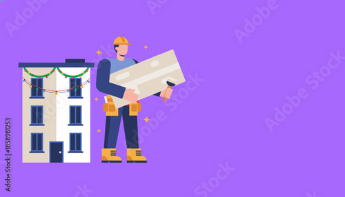 Builder holding tools next to apartment building decorated with Christmas lights