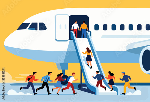 Diverse people rush to board an airplane via a movable staircase