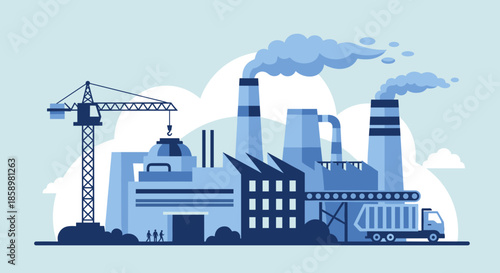 Industrial factory complex with smoking stacks conveyor belt truck and crane Manufacturing site