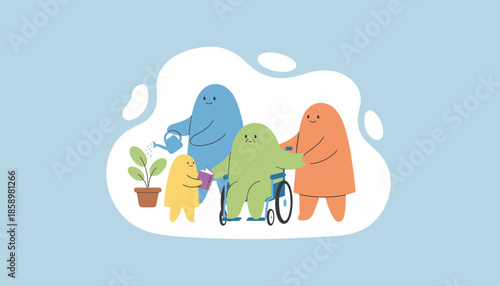 Supportive cartoon family providing care for a loved one in a wheelchair illustrating kindness and inclusion