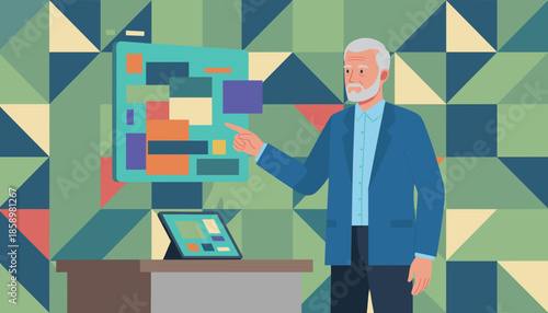 Senior professional presenting data on a screen in a modern meeting room highlighting business strategy