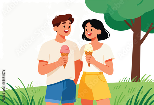 Happy couple holding ice cream cones with a tree and grass in background