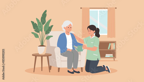 Caretaker supports elderly woman at home Senior health assistance and friendly service