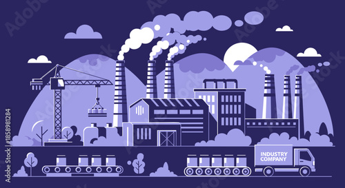 Industrial flat illustration of a factory complex production line delivery truck and smoke pollution
