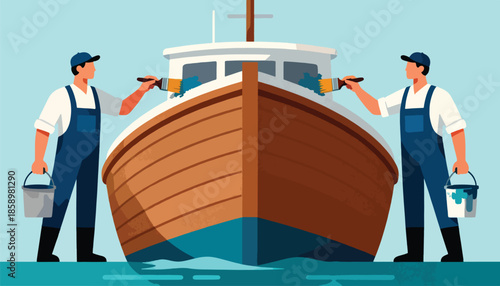 Two workers paint a boat, holding buckets and brushes