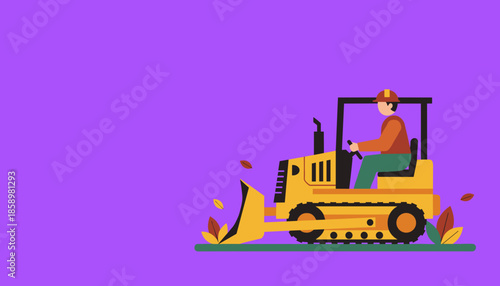Construction worker operating heavy machinery on a purple background