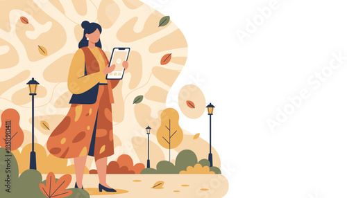 Woman using a phone in an autumn park Digital lifestyle communication and relaxation vector illustration