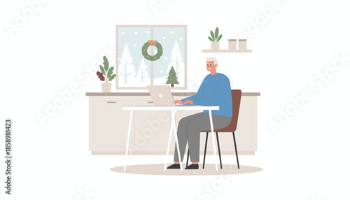 Mature man remote working on a laptop in a cozy holiday interior Winter window view with Christmas wreath decor