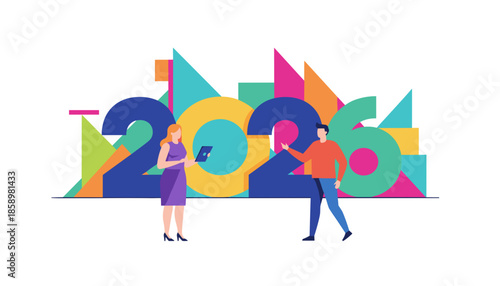 Business people celebrating 2026 goals with modern abstract shapes