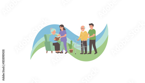 Elderly people receiving professional care and assistance from friendly staff