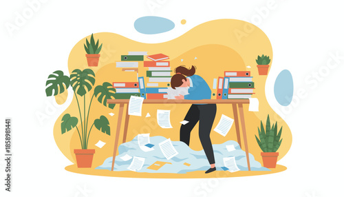 Exhausted employee overwhelmed by huge workload and messy desk full of documents and binders