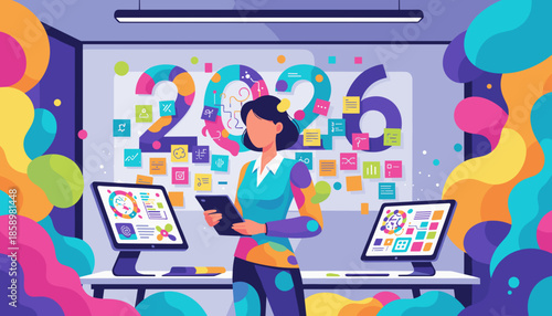 Professional woman plans 2026 strategy in a vibrant office using data visualization and digital screens