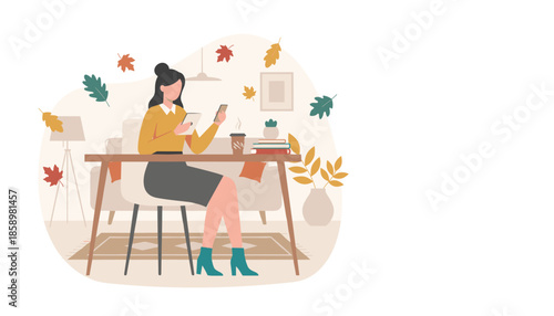 Woman uses tablet and phone while working remotely at her cozy autumn home office desk