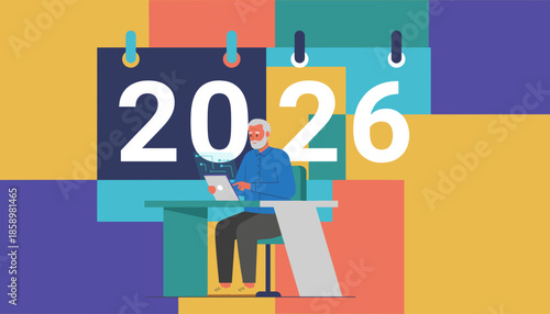 Flat design of a senior man planning the future 2026 using a digital tablet