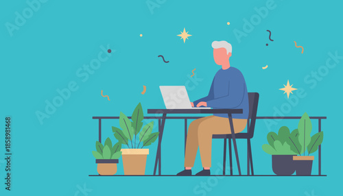Senior man working remotely on a modern balcony with potted plants Freelance lifestyle