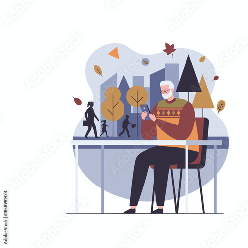 Senior man using smartphone outdoors in the city park connecting online amidst the autumn urban bustle