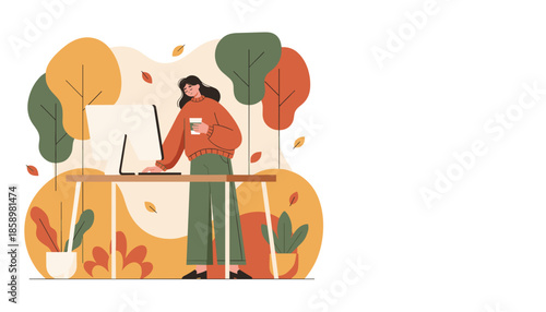 A woman works at her standing desk surrounded by cozy autumn foliage holding a coffee cup Remote work concept