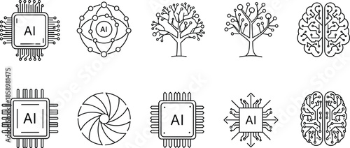 Artificial Intelligence Icon Set Featuring AI Microchips Neural Network Trees Digital Brain Circuitry Machine Learning Symbols and Future Technology Illustrations