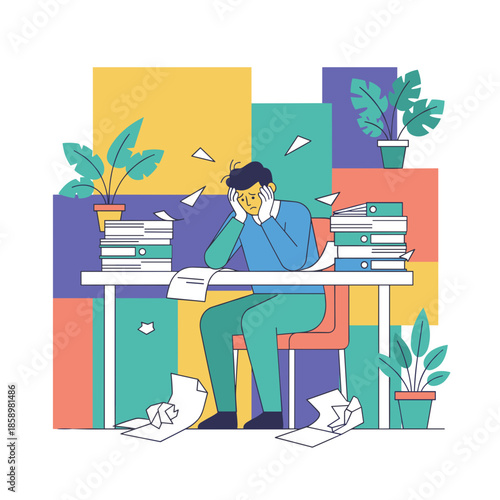 Overwhelmed office worker stressed by deadlines and mountains of paperwork Burnout concept illustration