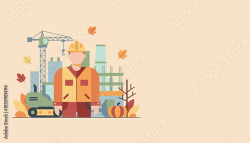 Autumn construction concept Engineer in safety vest and hard hat at industrial job site