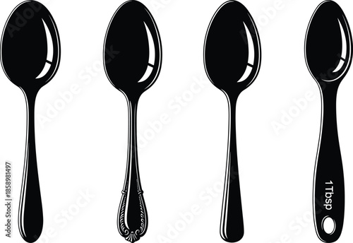 Black spoon silhouette collection with kitchen measuring tools and classic metal cutlery icons set for restaurant menu and cooking design